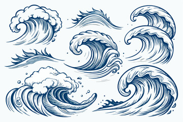 Sea waves sketch. Storm wave, vintage tide and ocean beach storms hand drawn vector and illustration set