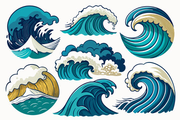 Sea waves sketch. Storm wave, vintage tide and ocean beach storms hand drawn vector and illustration set