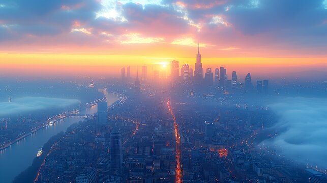 Spectacular Sunset Illuminating a Modern Metropolis with Futuristic Skyscrapers
