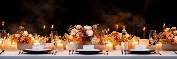 Elegant fall-themed table setting with candles and floral arrangements