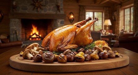 Roasted Turkey with Chestnuts and Mushrooms by Fireplace for Holiday Feast