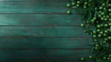 Fototapeta premium Beautifully composed fresh peas spilling gently from open pods onto textured wooden planks,