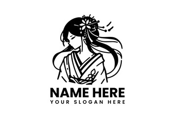 Minimalist geisha silhouette in circular frame, contemporary Japanese cultural emblem for modern branding applications
