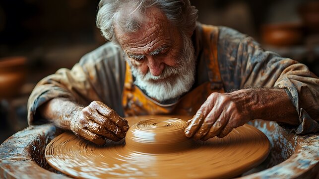 Elderly man working on pottery wheel creative artistic moment