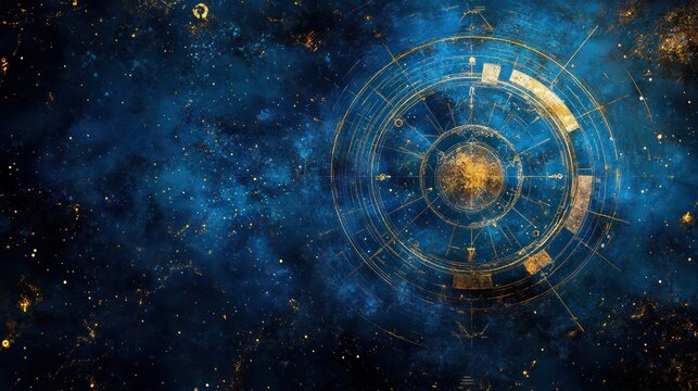 Celestial compass spins in nebula; cosmic background; astrology, science fiction design