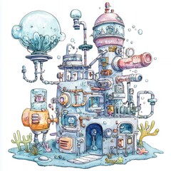 Whimsical Underwater Robot Factory Pastel Colors and Intricate Details