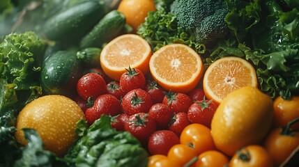 Close-up of fresh vegetables and fruits healthy eating concept natural light