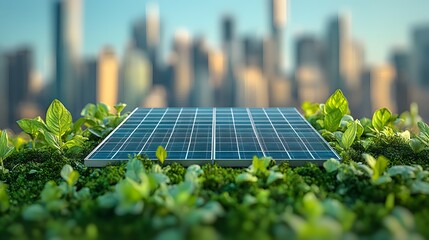 Fototapeta premium Solar panels on bright green rooftop sustainable energy modern city skyline background