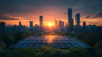 Solar panels on bright green rooftop sustainable energy modern city skyline background