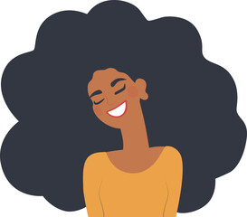 Shy woman, smiling with her eyes closed and her hair voluminous