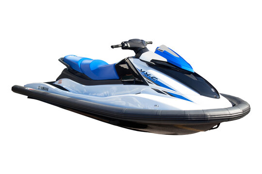 Yamaha vxc waverunner watercraft used for recreational purposes in sea oceans and rivers, blue black jet ski isolated on white background