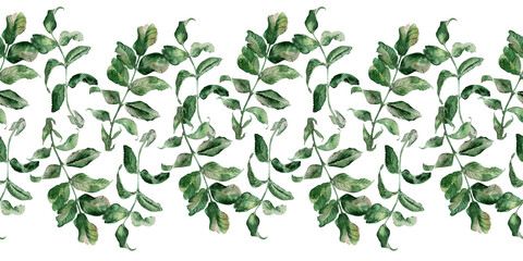 Watercolor seamless pattern with flowering branches, leaves and rosehip fruits