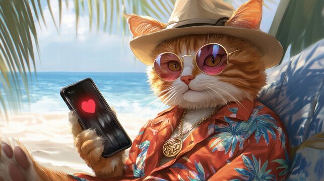 Cool Orange Tabby Cat on Tropical Beach – MichiBoss in Hawaiian Shirt Using Smartphone with Subscribe Alert, Fun Summer Vibes