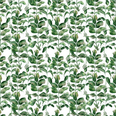 Watercolor seamless pattern with flowering branches, leaves and rosehip fruits