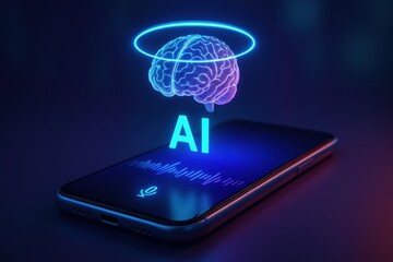 3D AI assistant hovering above smartphone screen, brain-shaped interface, voice wave animation, futuristic lighting