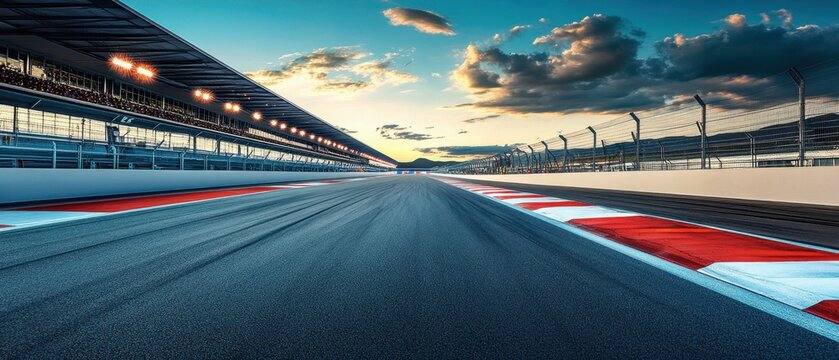 Captivating view of an empty race track on a sunny day with a beautiful sky and grandstand in the background showcasing speed and competition