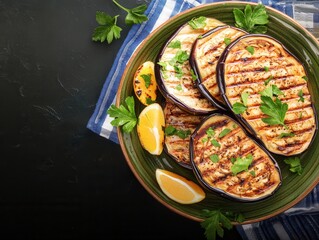 Delicious grilled eggplant slices glazed with savory miso, garnished with fresh parsley and lemon wedges, presented on a rustic green plate for a vibrant Japanese Nasu Dengaku