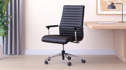 Serene and Sophisticated Office Scene Featuring a Modern Black Rolling Chair and Minimalist Desk Against a Soft Neutral Background,Office interior backdrop for online meetings