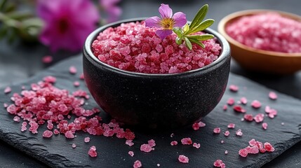 Pink sea salt in a bowl with flowers