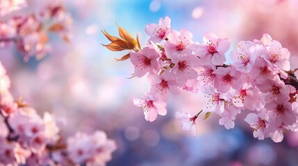Obraz premium Serene Cherry Blossom Branch with Soft Pink Flowers and Blurry Background