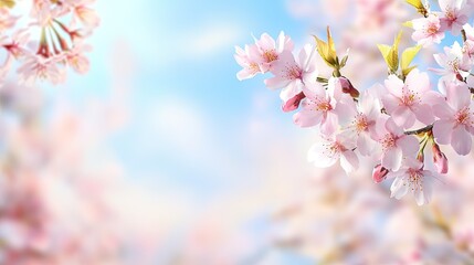Delicate Blossoms of Cherry Tree in Soft Blue Sky Background