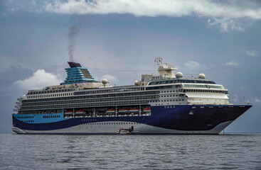 Modern ruiseship cruise ship liner Explorer 2 anchored offshore of Zakynthos island in Greece...