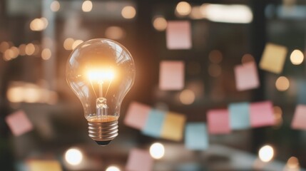 Bright yellow lightbulb over blurred office setting