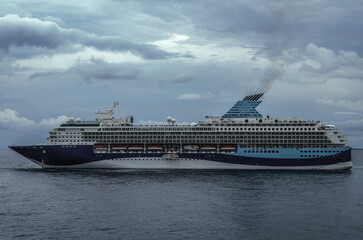 Modern ruiseship cruise ship liner Explorer 2 anchored offshore of Zakynthos island in Greece...