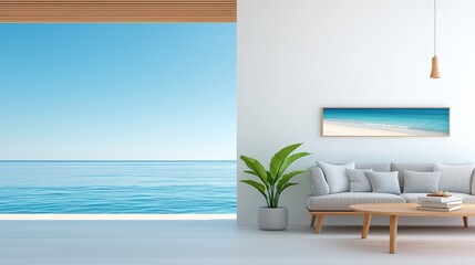Serene Coastal Living Room Scene with Large Window Overlooking Calm Ocean and Light Decorative Elements for Relaxing Atmosphere,Office interior backdrop for online meetings