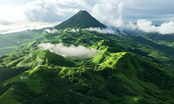 A scenic landscape of Panama's volcanic peaks and lush highlands, with rolling clouds and vibrant greenery