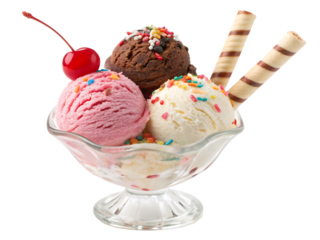 Ice cream sundae in a glass bowl, with scoops of vanilla, chocolate, and strawberry ice cream, isolated on transparent background