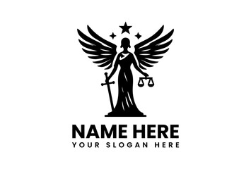Mythological lawbringer angel with ornate sword, celestial justice emblem for premium legal branding and luxury institutions