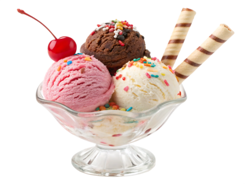 Ice cream sundae in a glass bowl, with scoops of vanilla, chocolate, and strawberry ice cream, isolated on transparent background