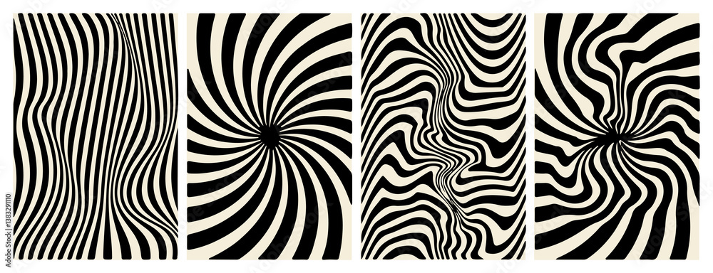 Aufkleber Four black and white abstract designs with wavy and swirling lines. Each image features dynamic patterns creating strong optical illusions, ideal for modern art and decoration purposes.