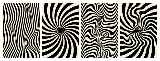 Four black and white abstract designs with wavy and swirling lines. Each image features dynamic patterns creating strong optical illusions, ideal for modern art and decoration purposes.