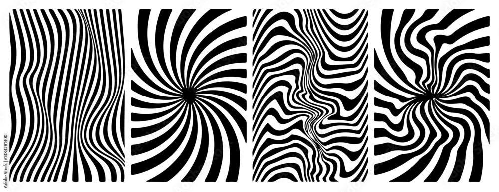Aufkleber four black and white abstract designs with wavy and swirling lines. each image features dynamic patt