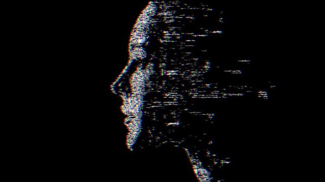 Glitch digital noise animation. Pixel VHS distortion effect. Black background. VCR tape. Film grain backdrop. Pause old television screen. Girl face silhouette. Grainy texture video. 