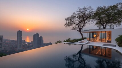 Panoramic Sunset Over Infinity Pool