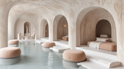 Modern spa, warm tones, water feature