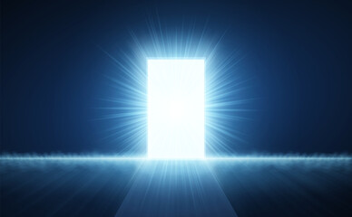 Open door with abstract light on blue background. Digital gateway, virtual doorway.