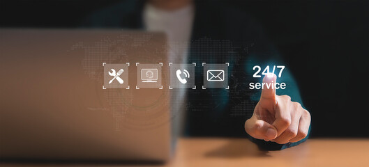 24/7 service, online store concept After-sales service in 24/7 online service with round the clock access to full-time global customer service.	