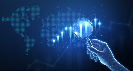Hand with magnifying glass and stock chart on digital world map