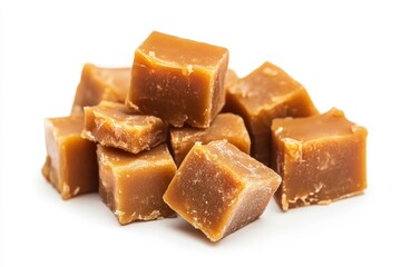 Delicious caramel cubes on a pristine white background showcasing their rich color and tempting texture perfect for sweet treats