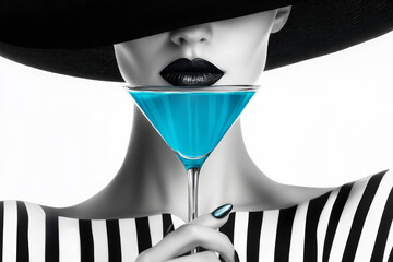 A woman in a black hat with black lips, holding a martini, against black-and-white stripes, fashion photography.