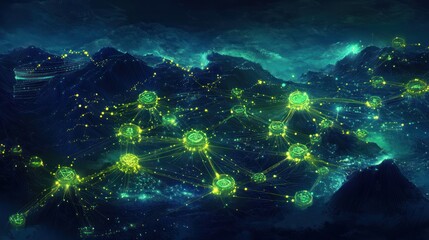 Fototapeta premium A digital landscape depicting interconnected nodes and networks in a futuristic setting.