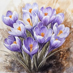 Watercolor Crocus Flowers Illustration in Purple and Orange, Spring Symbol.
