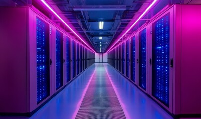 Fototapeta premium data center corridor with modern neon lights, highlighting the symmetry and technological advanced environment. The neon lights create a striking contrast with the server racks lining the walls.