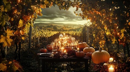 A beautifully set autumn dining table among vineyards, adorned with pumpkins and candles.