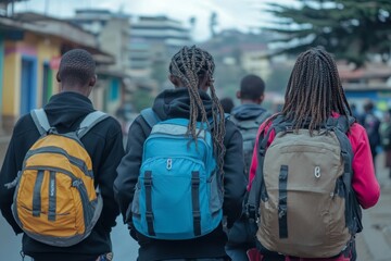 Young people walking on the streets with backpack. They have their backs turned, and some have dreadlocks. The surroundings indicate urban environment