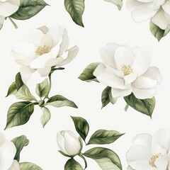 Obraz premium Beautiful White Magnolia Flowers with Green Leaves on Light Background